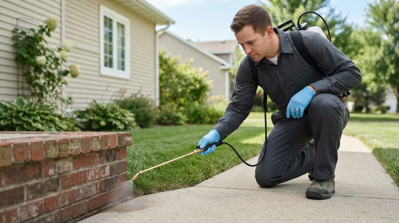 Pest control technician treating a home near Adamstown, MD