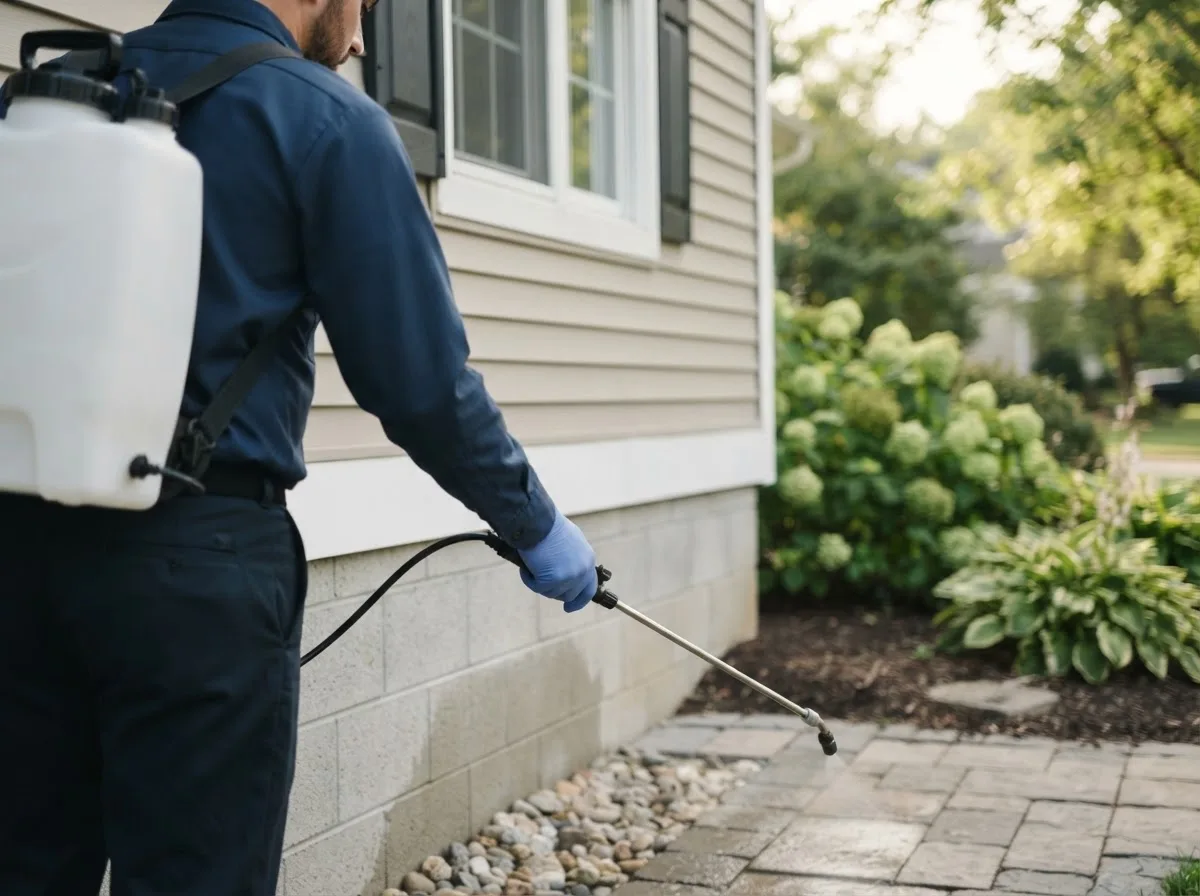 Pest control technician inspecting a home in Adamstown, MD